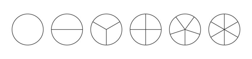 Pizza charts collection. Pie chart template from 1 to 6. Diagram wheel parts. Set of segmented round charts. vector