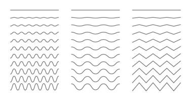 Set of curvy, wavy, zigzag lines. Simple undulate borders, transverse horizontal line collection. Fluid, sine, air, wind signs. River, water, lake, sea and ocean symbol. Outline graphical illustration vector
