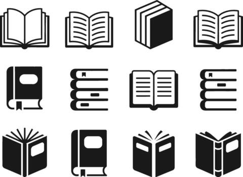 Collection of twelve diverse book icons in black and white representing different reading and study concepts vector