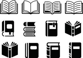 Collection of twelve black and white book icons representing different styles and orientations vector