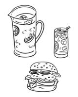 Hand drawn of picnic food including burger, pitcher of lemonade, and glass with ice and citrus slices. Concept of summer picnic, outdoor gathering, and casual festive meal. vector