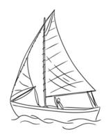 Sailing boat doodle in black and white line style with large sails floating on water. Symbolizes freedom, exploration, marine travel and peaceful ocean adventure vector