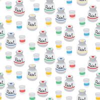 Seamless pattern with colorful paint jars in various shades arranged on a white background. Represents creativity, artistic tools and playful craft material design vector