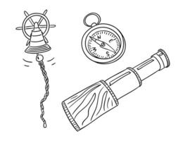 Set of nautical items including ship bell, compass, and spyglass drawn in hand sketched style. Concept of marine exploration, navigation tools, and sea adventure vector