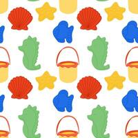 Seamless pattern with colorful sand toys including buckets, starfish, fish, seahorses and shells. Represents playful beach time, summer fun and childrens outdoor activities vector
