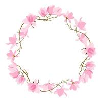Round floral wreath made of pink magnolia flowers and delicate vines arranged in an elegant oval frame. Concept of spring blossom, botanical decoration, and floral celebration vector