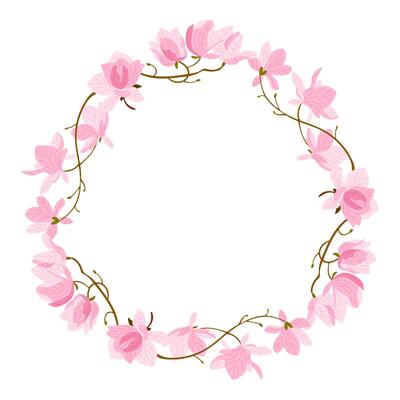 Round floral wreath made of pink magnolia flowers and delicate vines arranged in an elegant oval frame. Concept of spring blossom, botanical decoration, and floral celebration