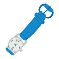 Minimalist illustration of a wristwatch with a blue strap and round clock face showing the time. Represents timekeeping, punctuality, fashion accessory and daily routine object vector
