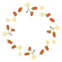 Hand drawn wreath frame made of strawberries and delicate flowers on white background. Concept of natural beauty, freshness, and organic decoration for summer or spring designs. vector