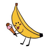 Cute banana character with smiling face holding an ice cream cone in a playful pose. Represents fun, food-themed humor and cheerful fruit illustration for kids and design vector