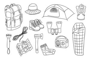 Hand drawn set of camping gear including backpack, tent, boots, and tools for outdoor adventure. Represents the concept of exploration, travel, and survival in nature vector