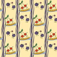 Cute hand drawn seamless pattern with cherries and blueberries playing on the beach, surfing and playing ball. Concept of summer fun, healthy lifestyle, and playful fruit characters. vector