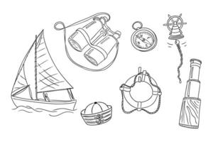 Hand drawn set of sailing elements including boat, binoculars, compass, and lifebuoy for nautical adventure. Represents exploration, freedom, and maritime travel concept vector