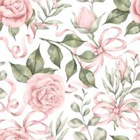 Pink dreams. Watercolor hand-drawn seamless pattern with pink roses, buds, leaves and branches of eucalyptus, intertwined with pink ribbons and bows. Bright print for baby girl. vector