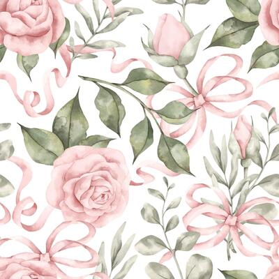 Pink dreams. Watercolor hand-drawn seamless pattern with pink roses, buds, leaves and branches of eucalyptus, intertwined with pink ribbons and bows. Bright print for baby girl.
