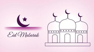 Eid Mubarak Card with Outline Mosques and Purple Moon vector