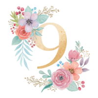 The number nine is surrounded by flowers and leaves png