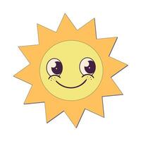 Cute cartoon sun with smiling face, big eyes, and freckles on a white background in a cheerful style vector