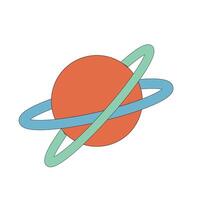 Flat illustration of red planet with intersecting blue and green rings on white background in minimal style vector
