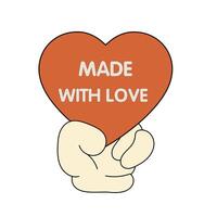 Cute cartoon hand holding a red heart with made with love text, flat style for romantic gift design vector