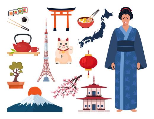 Japanese Traditional culture. Geisha, samurai, katana, Mount Fuji, bonsai, Maneki Neko lucky cat, sakura, pagoda, bamboo, sushi, sumo, torii gate. Travel to Japan. illustration.