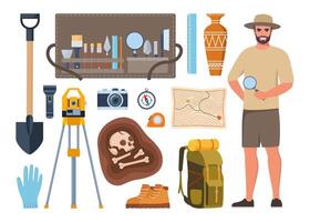 Archaeologist with excavation tools and equipment vector