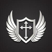 Silver shield with wings and cross vector