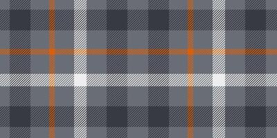A seamless tartan plaid pattern in bold grey tones with striking orange and white accents, featuring a classic woven texture. Perfect for textile designs, digital backgrounds vector