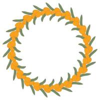 Hand-Drawn Sea Buckthorn Wreath with Orange Berries and Green Leaves in a Decorative Botanical Design vector
