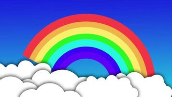 Bright cartoon rainbow rising from clouds with blue sky background in flat animation. Perfect for childrens intros, educational overlays, or happy visual transitions. video
