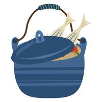 Hand drawn camping blue pot with handle , lid and fish in it illustrations, fish soup vector