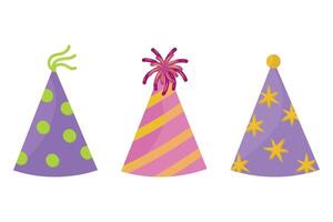 Party hats icon set. Birthday party hats on a white background. Hand drawn cone hats, stars, stripes, dots. vector