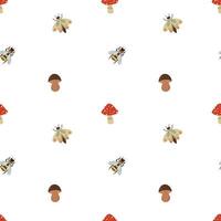 Mushrooms, bees and moth seamless pattern on a white background. Abstract and simple pattern. Hand drawn nature background vector