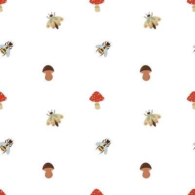 Mushrooms, bees and moth seamless pattern on a white background. Abstract and simple pattern. Hand drawn nature background