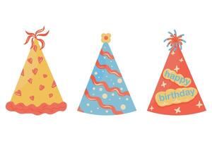 Birthday party hats icon set. Party hats on a white background. Hand drawn cone hats, stars, stripes, hearts. vector
