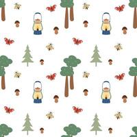 Forest seamless pattern on a white background. Mushrooms, boletus, butterflies, moth, trees, camping lanterns. Abstract and simple pattern vector