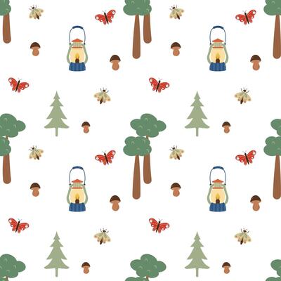 Forest seamless pattern on a white background. Mushrooms, boletus, butterflies, moth, trees, camping lanterns. Abstract and simple pattern