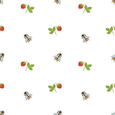Strawberries and bees seamless pattern on a white background. Abstract and simple pattern. Hand drawn nature background