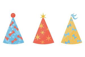 Party hats for dogs icon set. Party hats on a white background. Hand drawn cone hats, stars, dog bone, bows. vector