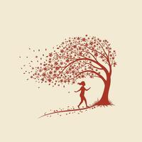 Logo design of a girl under a tree on a windy day vector