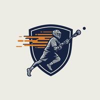 Logo design of a lacrosse player running with ball in front of a shield vector