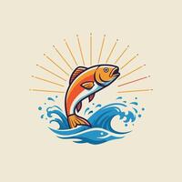 Logo design of a fish jumping out of the water with rays coming from the sun vector