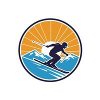 Logo design of a skier racing down a mountain with sun in background vector