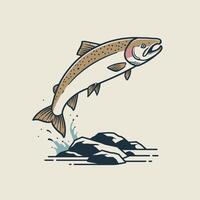 Logo design of a fish jumping out of the water with rocks in the background vector