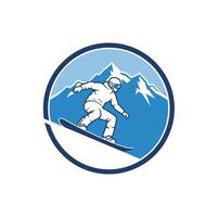 Snowboarder riding down a mountain logo design vector