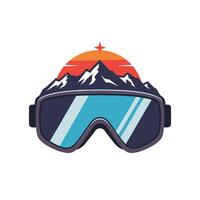 Logo design of ski goggles with mountains and sun on top vector