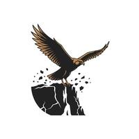 Logo design of an eagle standing on a mountain peak with its wings spread out vector