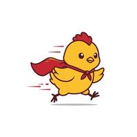 Logo design of a cartoon chicken running wearing a red cape vector