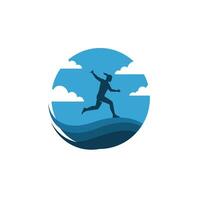 Logo design of a man running in the ocean with clouds in the background vector