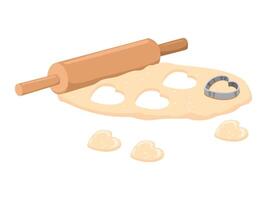Dough with rolling pin. Homemade cookies. Bakery illustration isolated on white background. vector